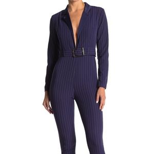 weworewhat navy pinstripe belted jumpsuit